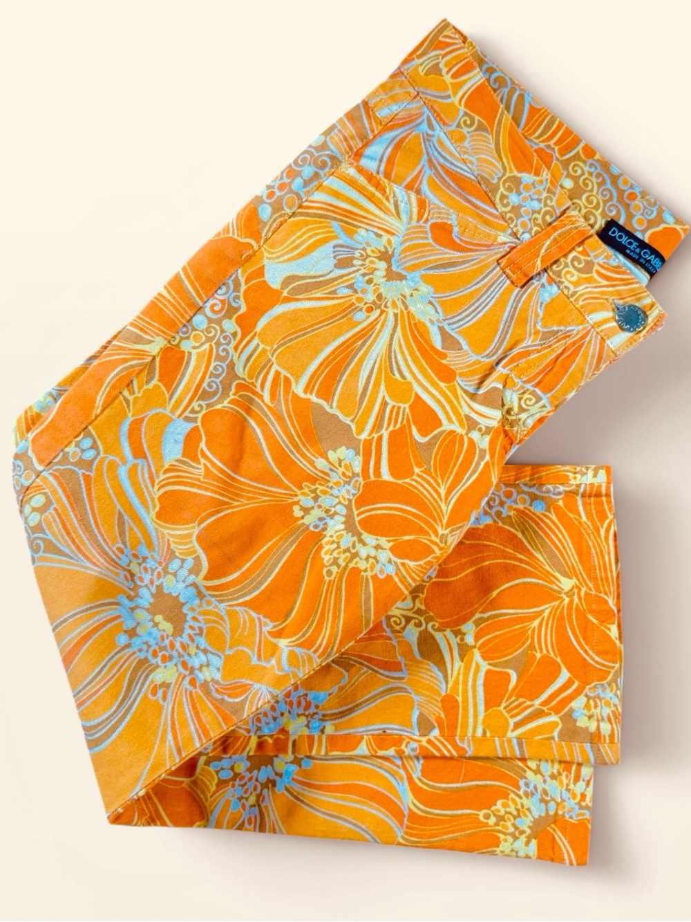 Dolce & Gabbana Orange Floral Cropped Jeans with Light Blue Accents